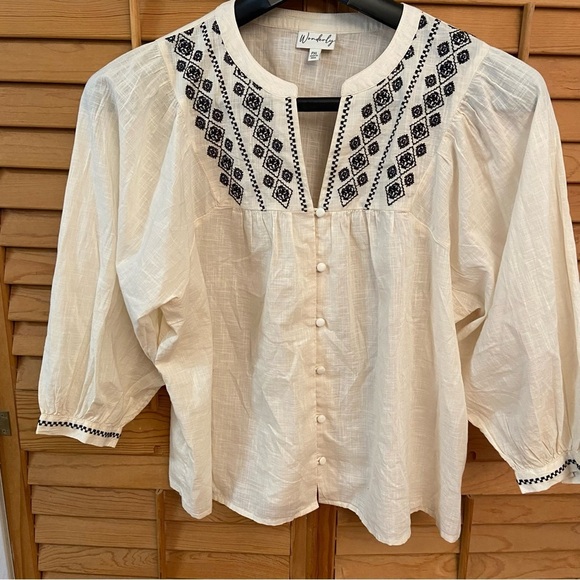 Wonderly Women's Embroidered Button Down Peasant Blouse Size XLP Cream Boho Boxy - Picture 10 of 10